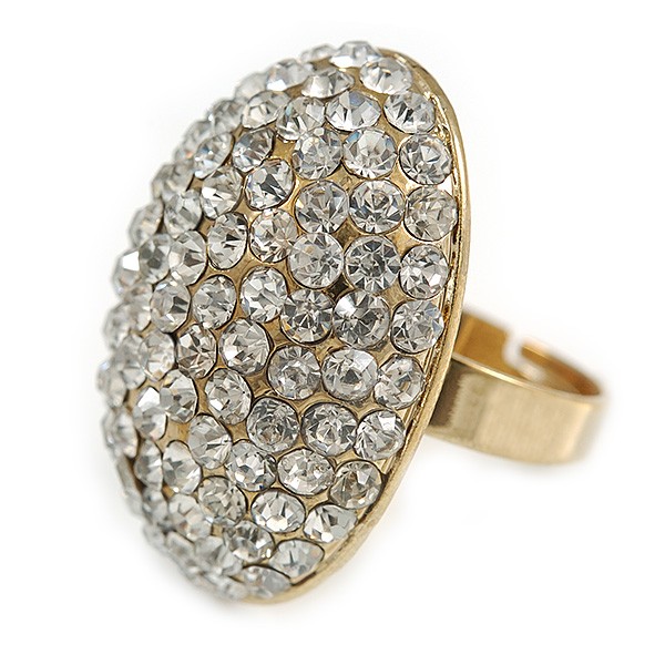 Oval Dome Shape Clear Crystal Ring In Gold Tone Metal – 30mm Long – 7/8 Size