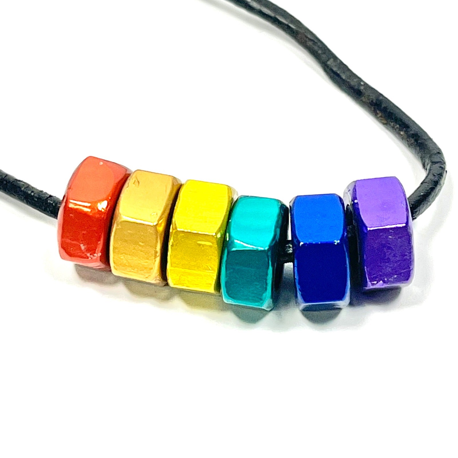 Rainbow Hematite Hex Nut Pendant Necklace LGBTQ Pride Industrial Jewelry Unisex
