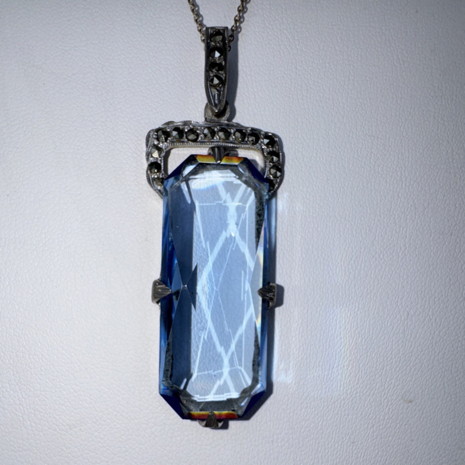 Vintage Blue Spinel Glass Emerald Cut Rectangle Pendant 16″ Silver Chain