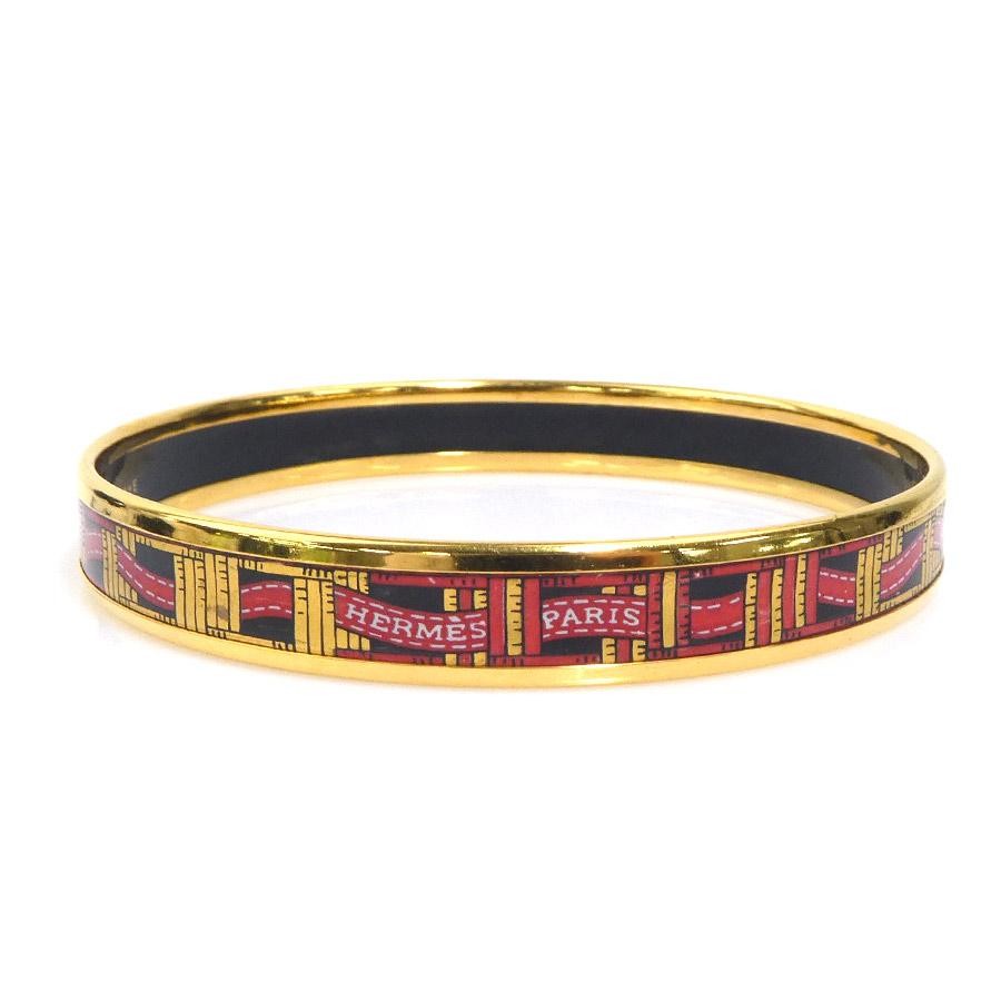 HERMES Email Bangle Bracelet Women’s Gold Black Red e61813a 7.5in Enamel