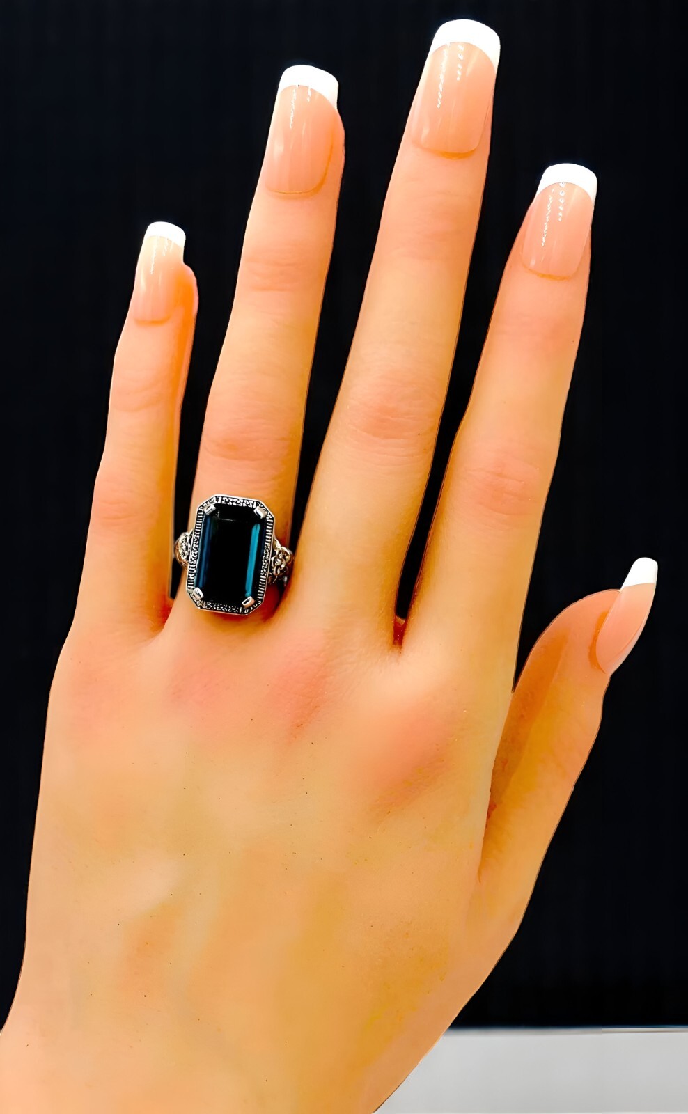 925 STERLING SILVER ART DECO STYLE RING 6 CT LONDON BLUE SIMULATED TOPAZ #1141
