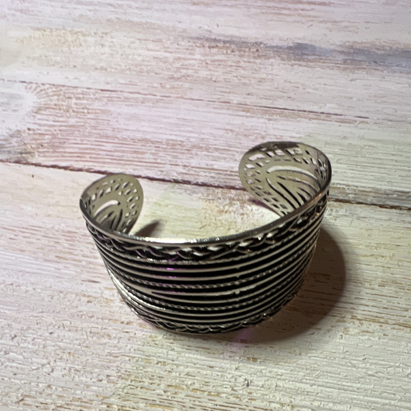 Silver Tone Metal Open Cuff Bracelet, Sizable