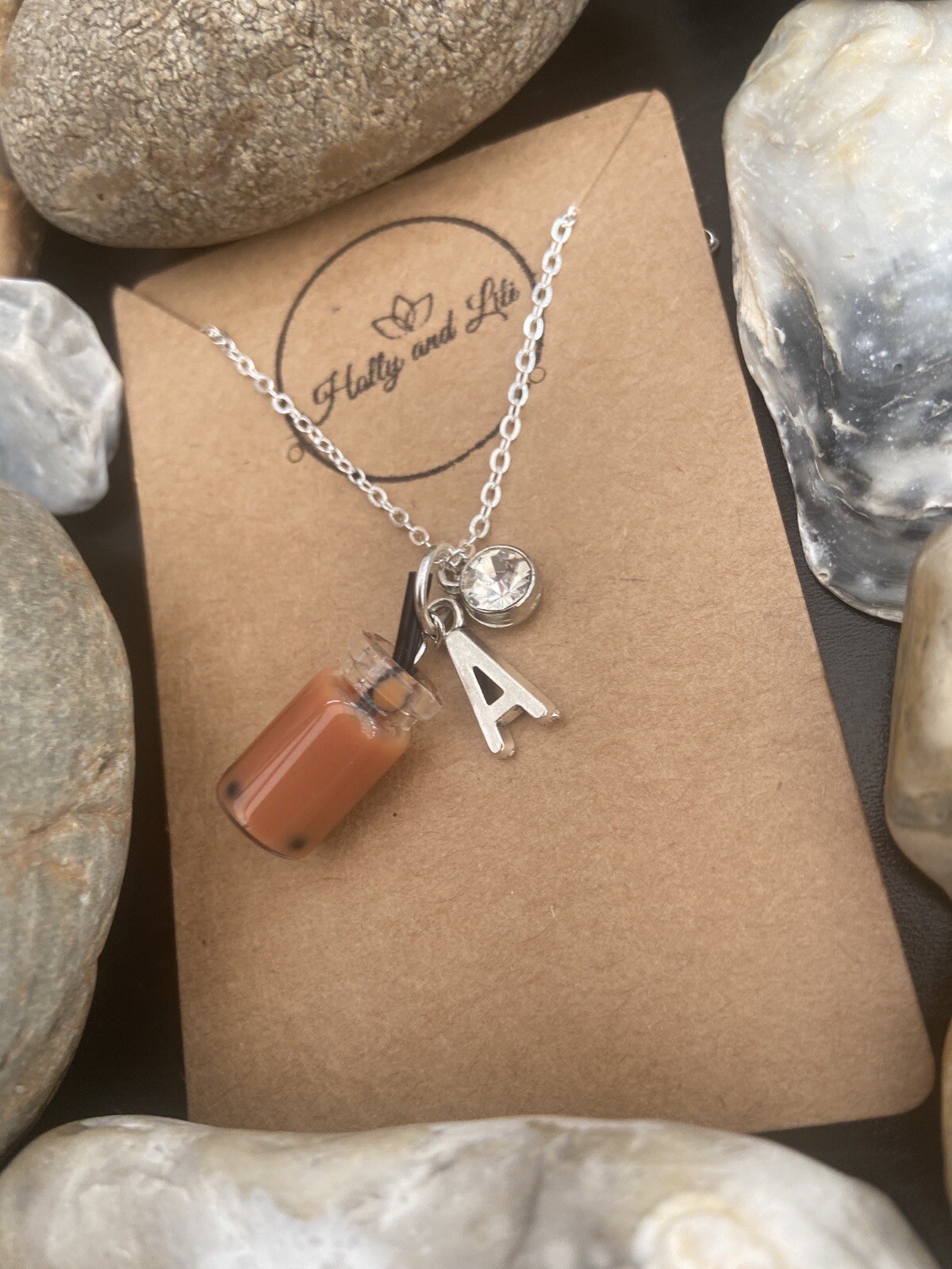 Brown Bubble Tea Boba Personalised Necklace Alphabet Initials & Birthstone