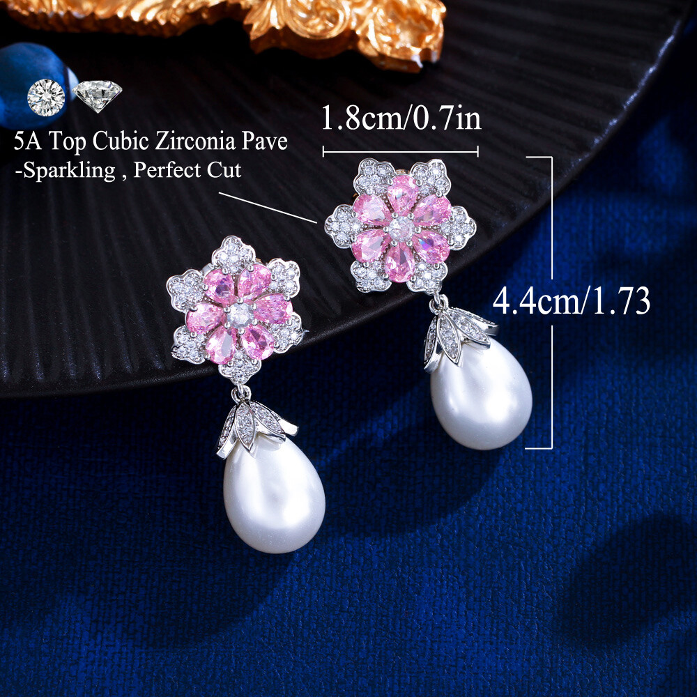 Beauty Silver Plated Cubic Zircon Ladies Pink Flower Pearl Dangle Drop Earrings