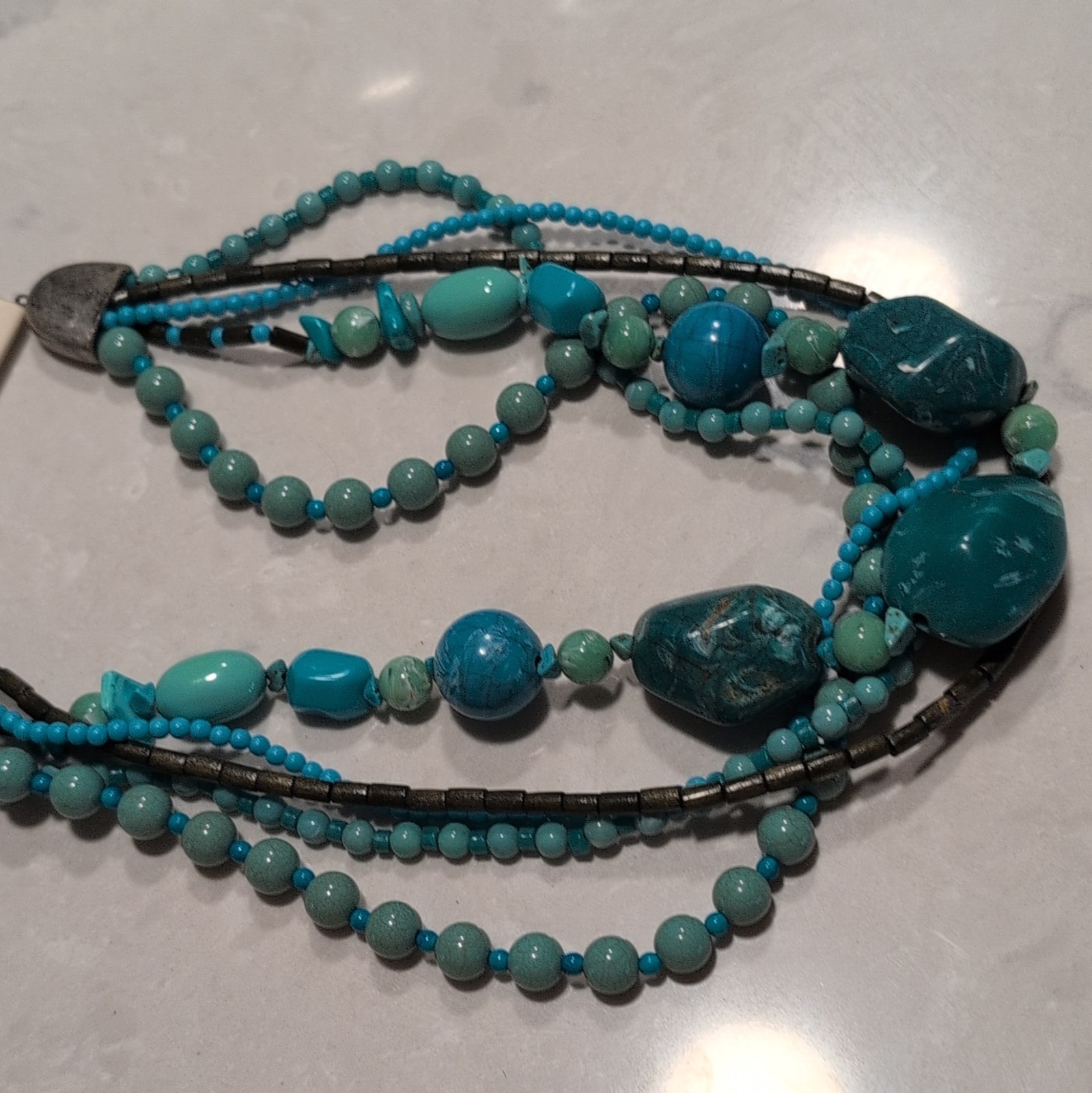 DaVinci Layered Turquoise Blue Beaded Necklace, Adjustable 18in Lobster Clasp