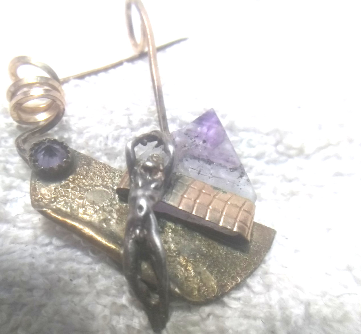 Hand Made Pin Broch Metal Glass Stone Brass Person Standing Arms Up Rare Find