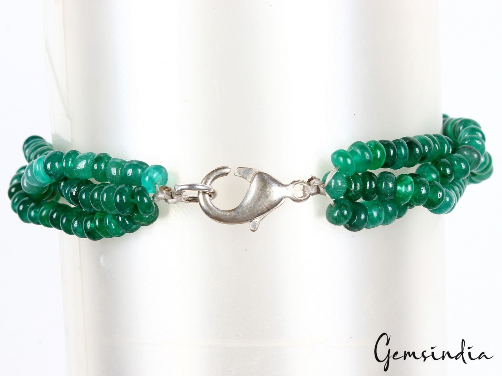 7.5 In Natural Zambian Emerald Twisted Bracelet Cabochon Beads Silver Clasp