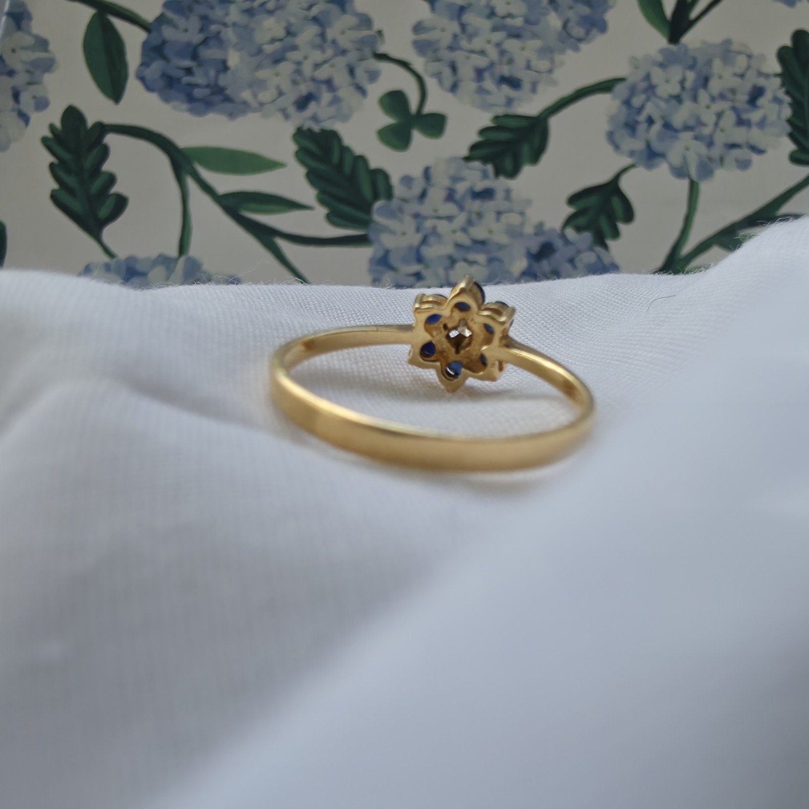 14k Solid Sapphire & Diamond Flower Cluster Ring Sz 6.5 Vtg Ring Everyday Wear