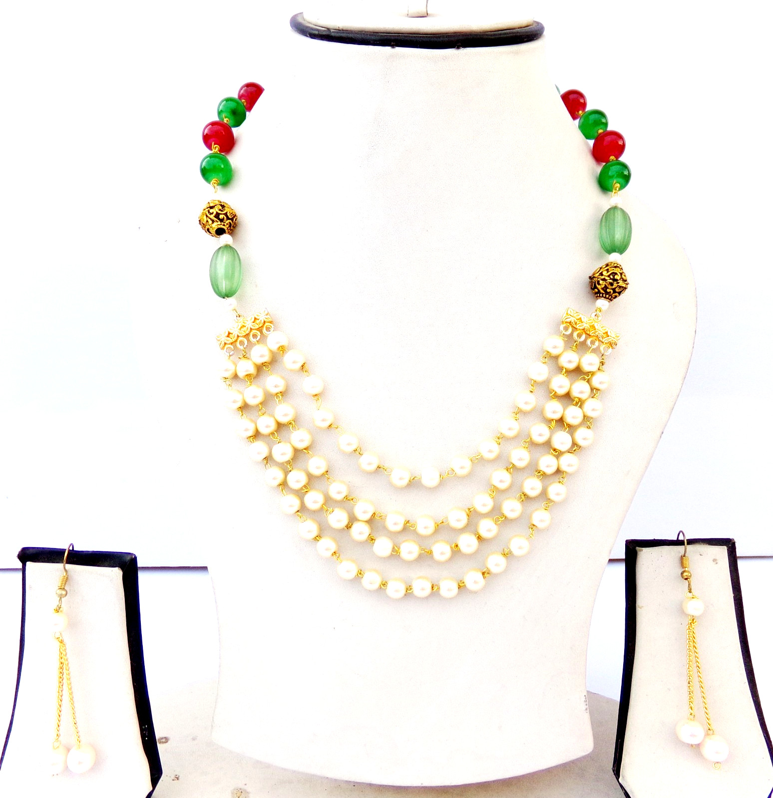 Indian Bollywood Gold Plated Pearls Mala Necklace Earrings Ethnic Jewelry Set