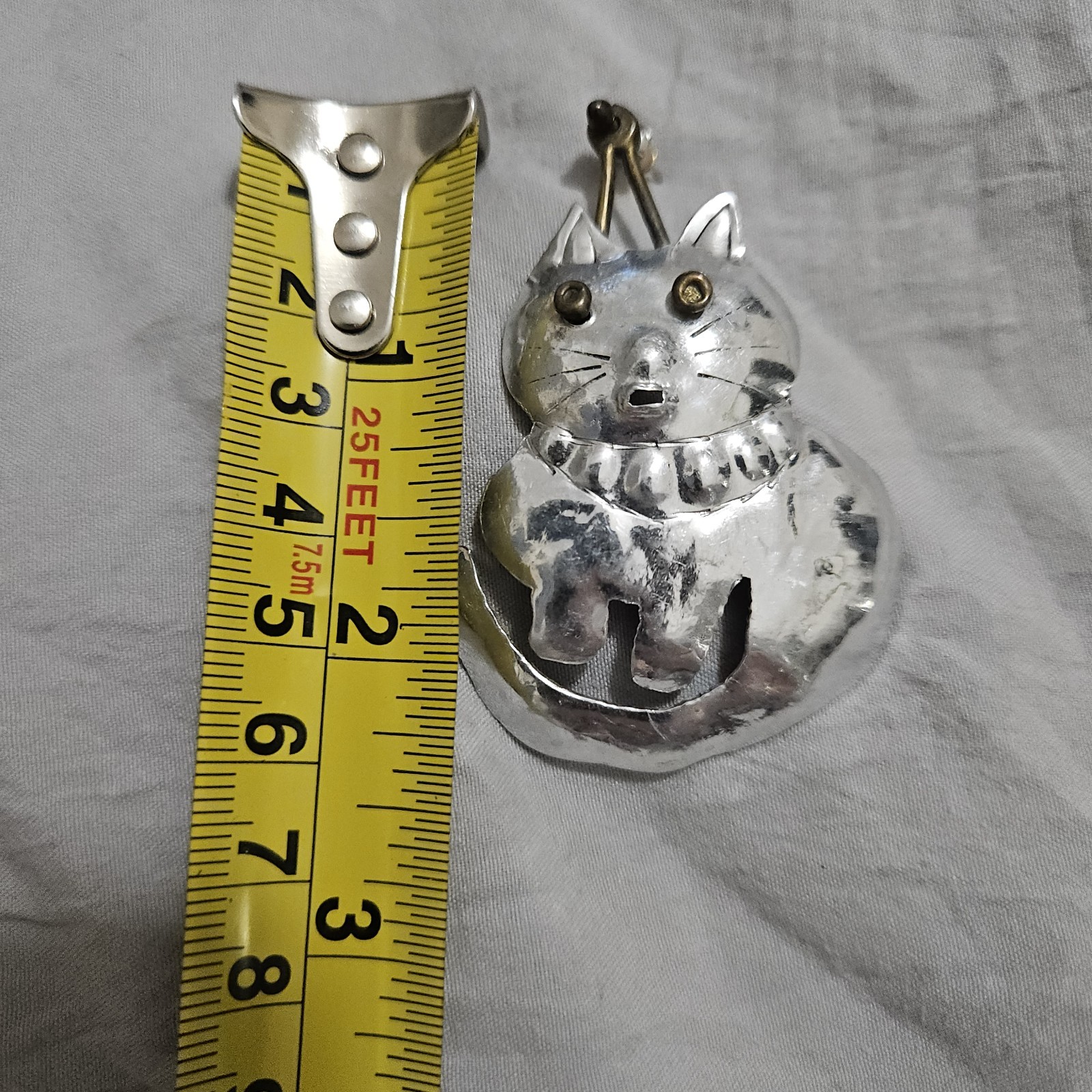 1980s Hammered Aluminum & Brass Dangle Kitty Cat Peirced Earrings Handmade Art