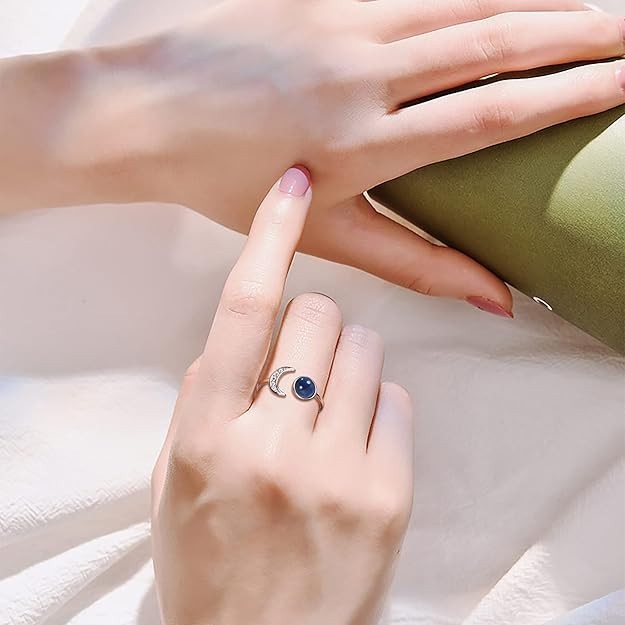 925 Sterling Silver Mood Ring Moon Star Open Adjustable Rings for Women 18K Whit