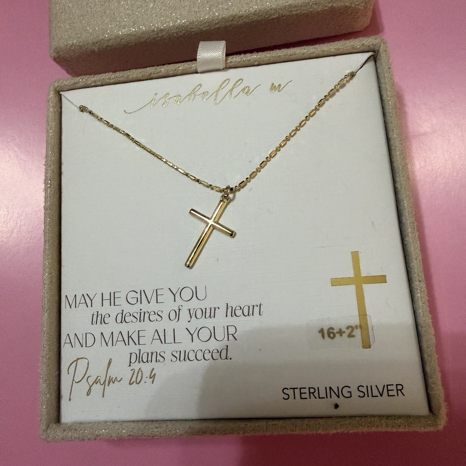 Isabella M Necklace With Pendant Croos 16+2” Color Gold New Sterling Silver