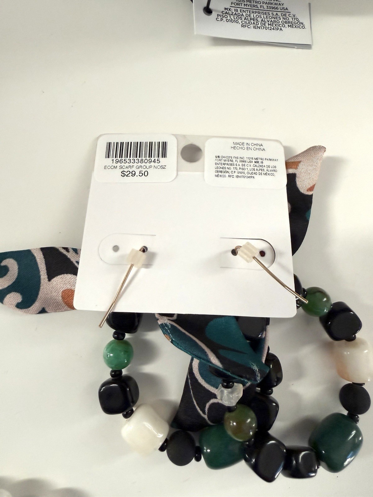 Chicos NWT Scarf Necklace, Stone, Glass & Lucite with Matching Earrings