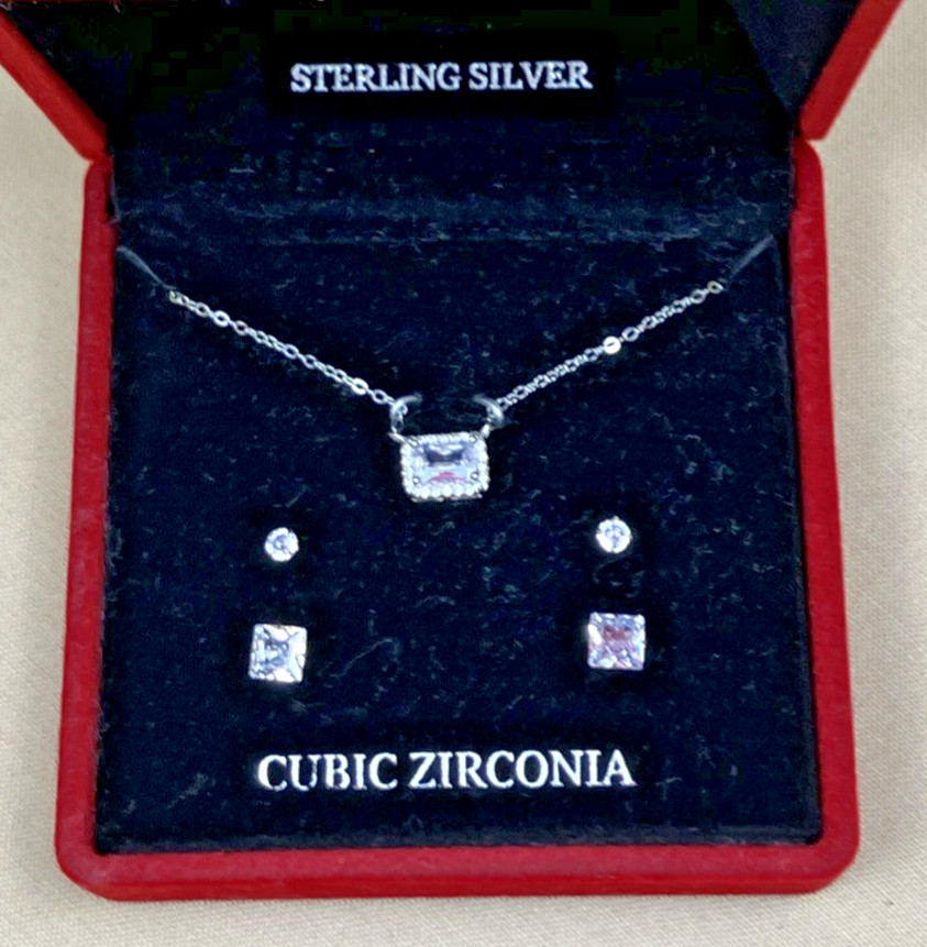 Giani Bernini CZ Emerald Halo Necklace & Stud Earrings Set 925 Silver NIB $50