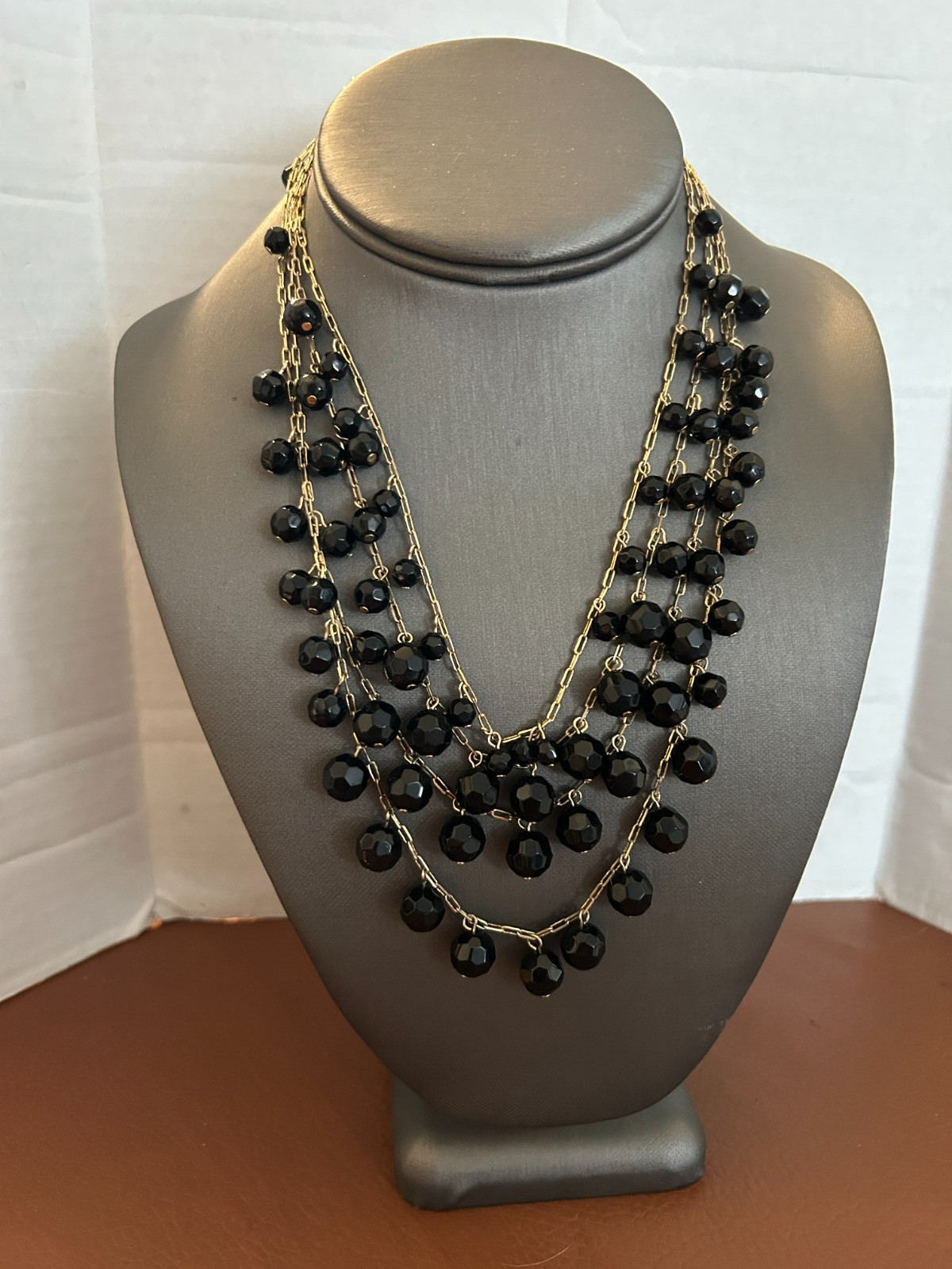 Vintage Good Quality Gold Tone Multi Strand Necklace, Black Glass Faceted Beads