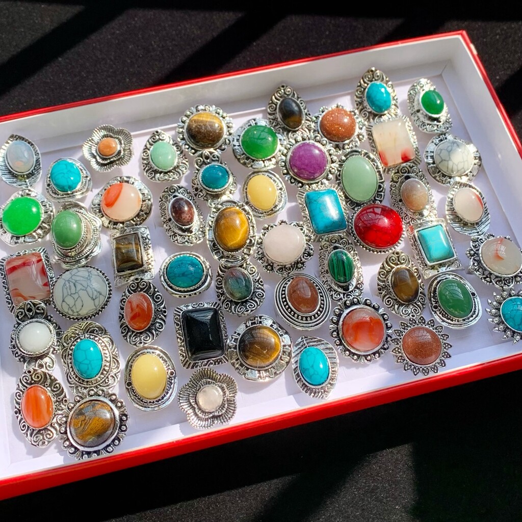 Wholesale 12pcs Big Natural Stone Vintage Rings Women Mix Antique Silver Jewelry