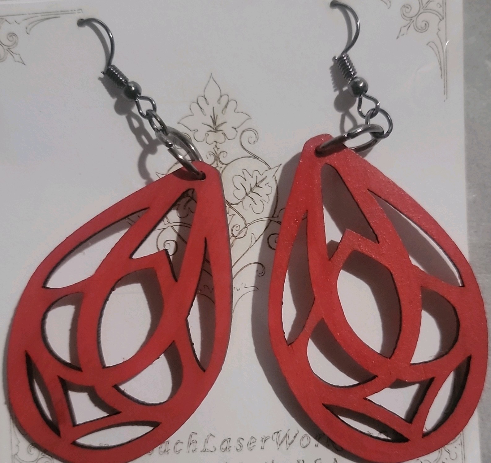 Red Wooden Teardrop Cutout Dangle/Drop Hook Earrings, No Stone