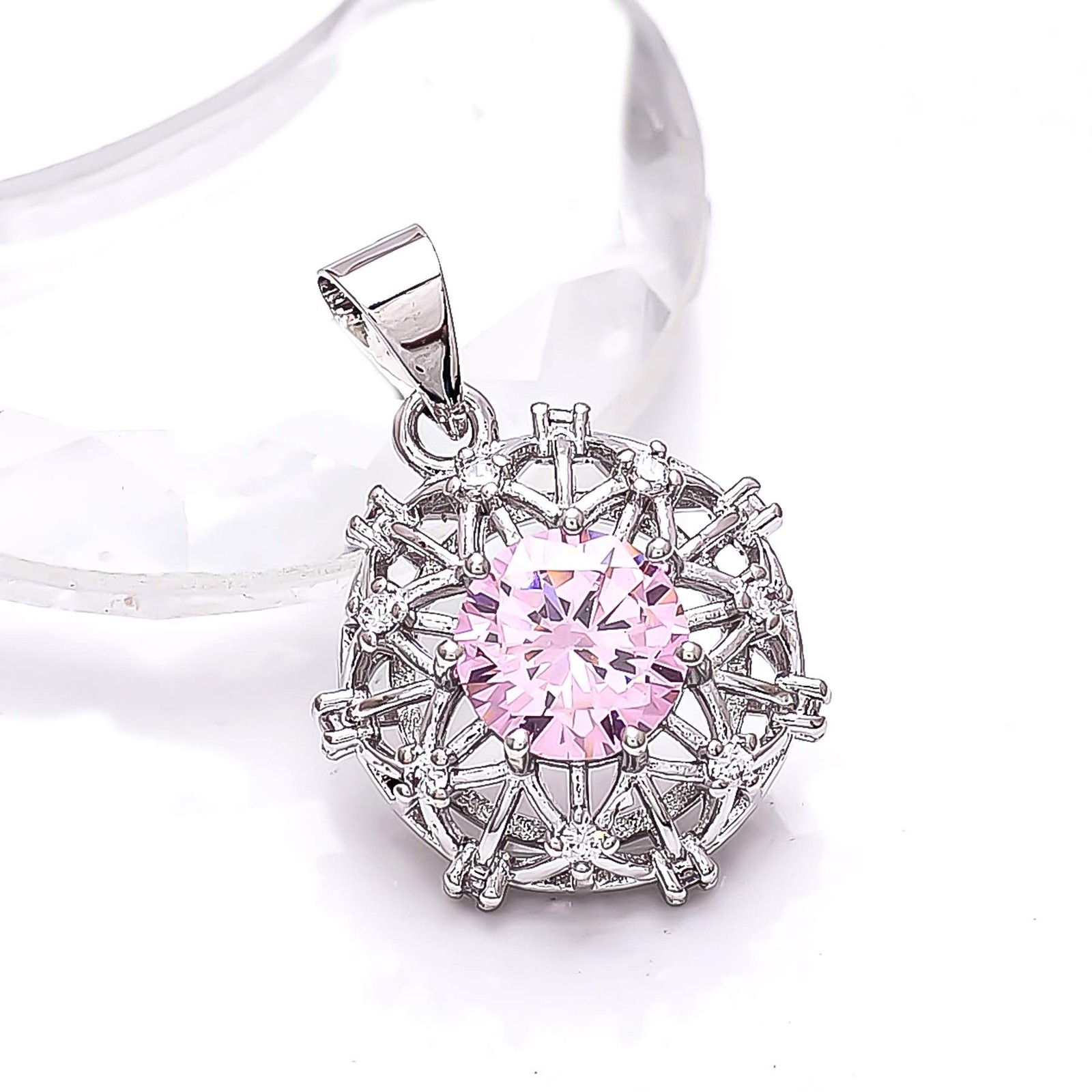 Pink Sapphire – Simulated & CZ Gemstone 925 Sterling Silver Pendant 1.00″ P7863