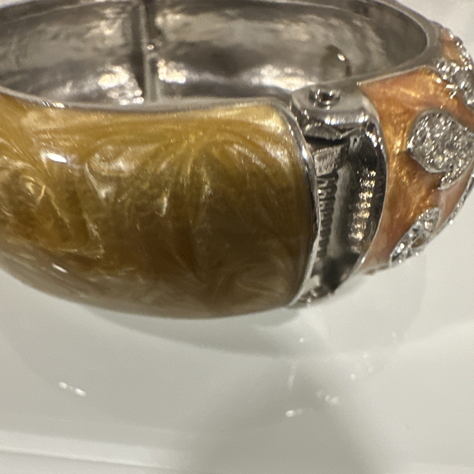 Kirks Folly Signed Hinged Enamel Bangle Bracelet Crystal Gold Orange Silver