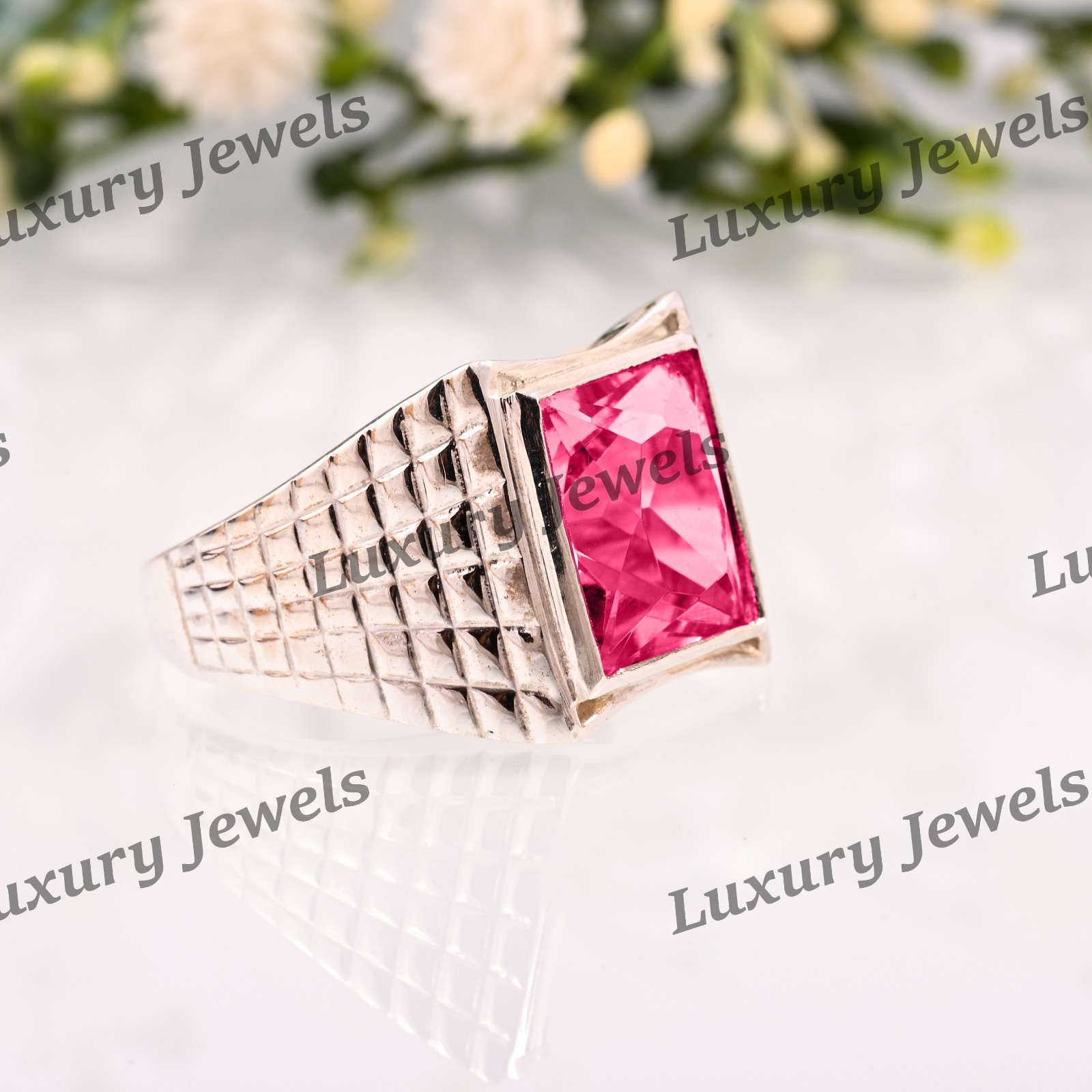 Pink Tourmaline Signet Ring for Men 925 Sterling Silver Handmade
