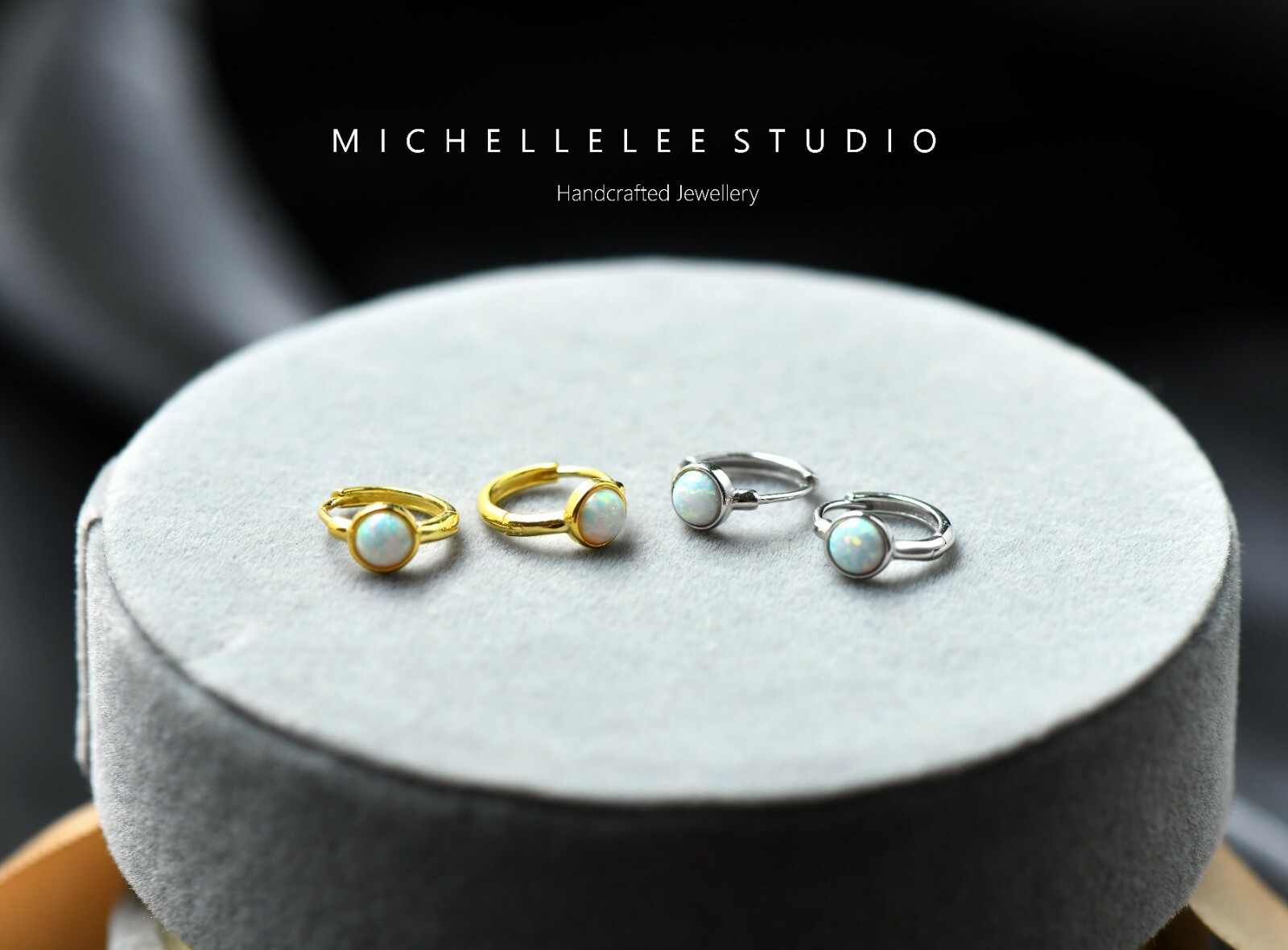 Minimalist White Opal Huggie Hoop Earrings in Sterling Silver