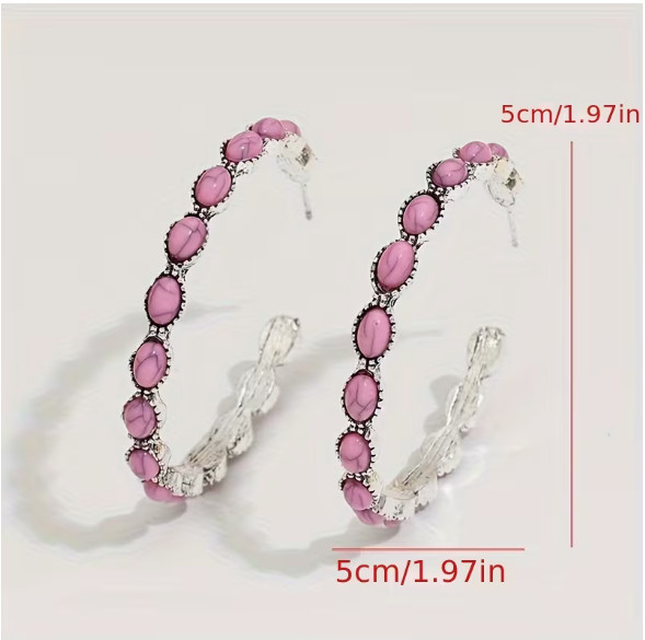 WESTERN- Earrings Beaded Hoop Pink C Shaped Earrings