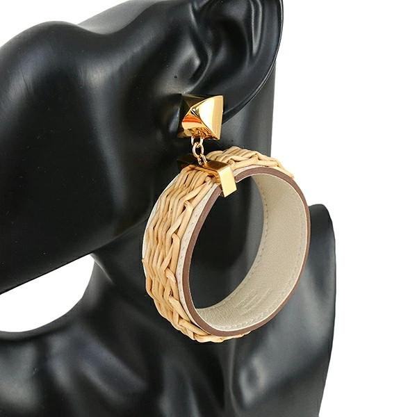 New Auth HERMES MEDOR PICNIC GM Pierced earrings Swift leather Rattan GP Women