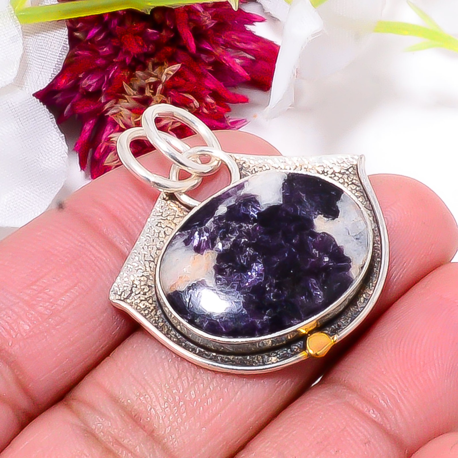 Lepidolite – San Diego 925 Sterling Silver Two Tone Designer Pendant 1.37″ Sku56