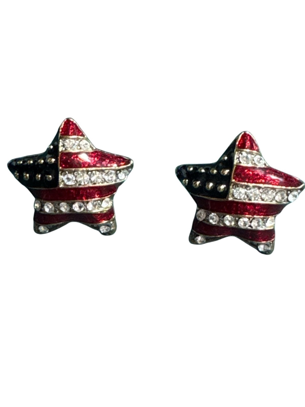 Patriotic Star Shaped Earrings With American Flag Design & Rhinestones Red Whit