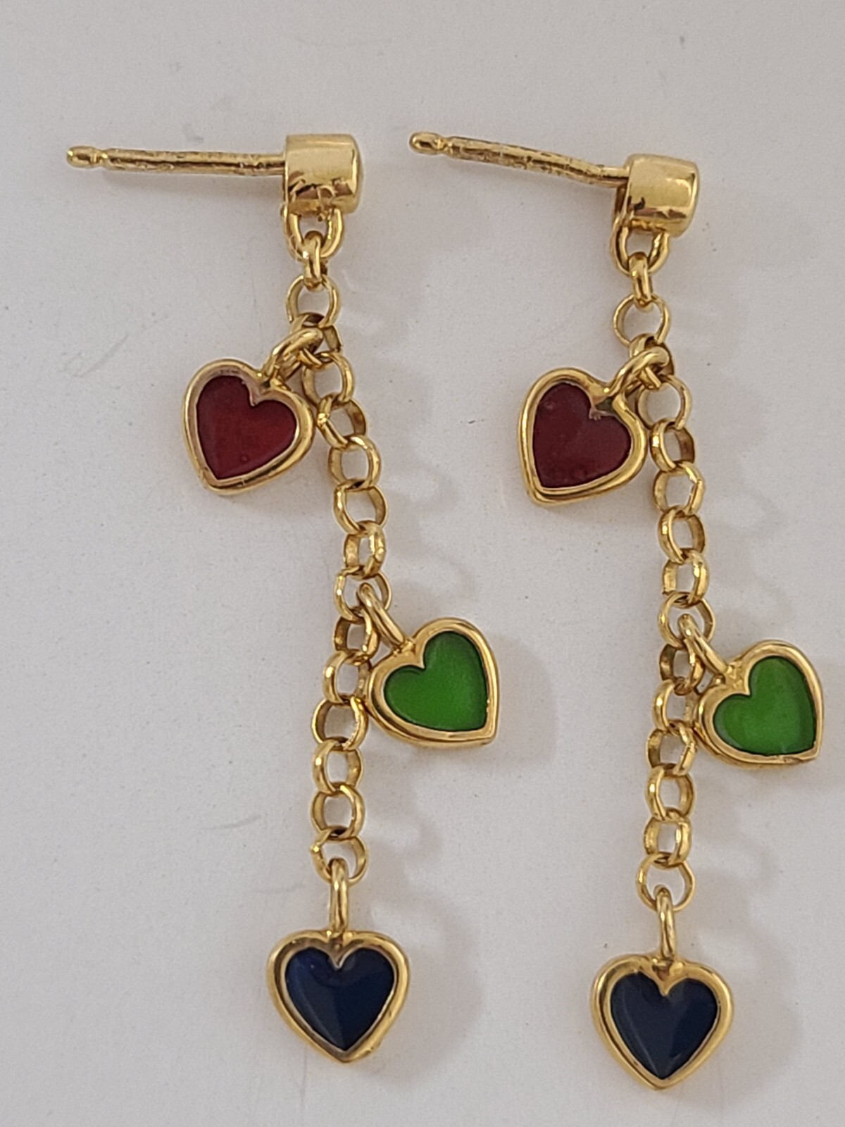 Triple Dangling Heart Earring 14k Yellow Gold Red Green Blue Enamel Hearts 38mm