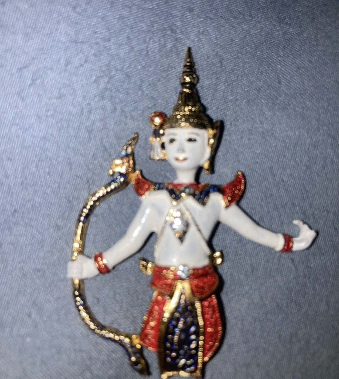 Gold Tone Metal Enamel Figural Religious Brooch Pin, White Red Blue