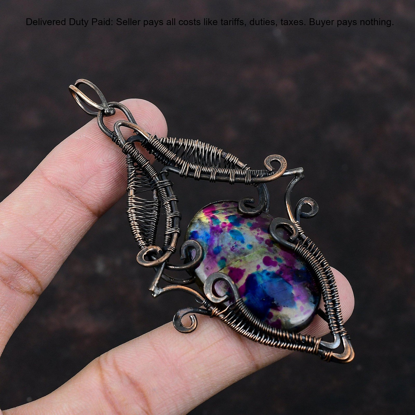 Copper Oval Natural Multi Fire Labradorite Wire Wrapped Mother Designer Pendant