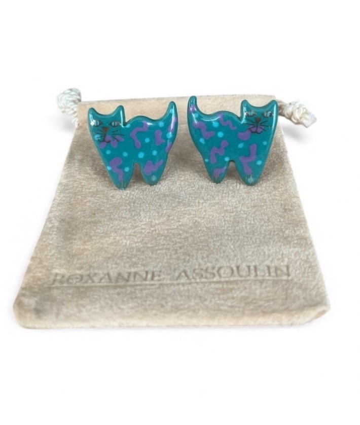 Vintage 90s Hand Painted Ceramic Clip On Cat Earrings