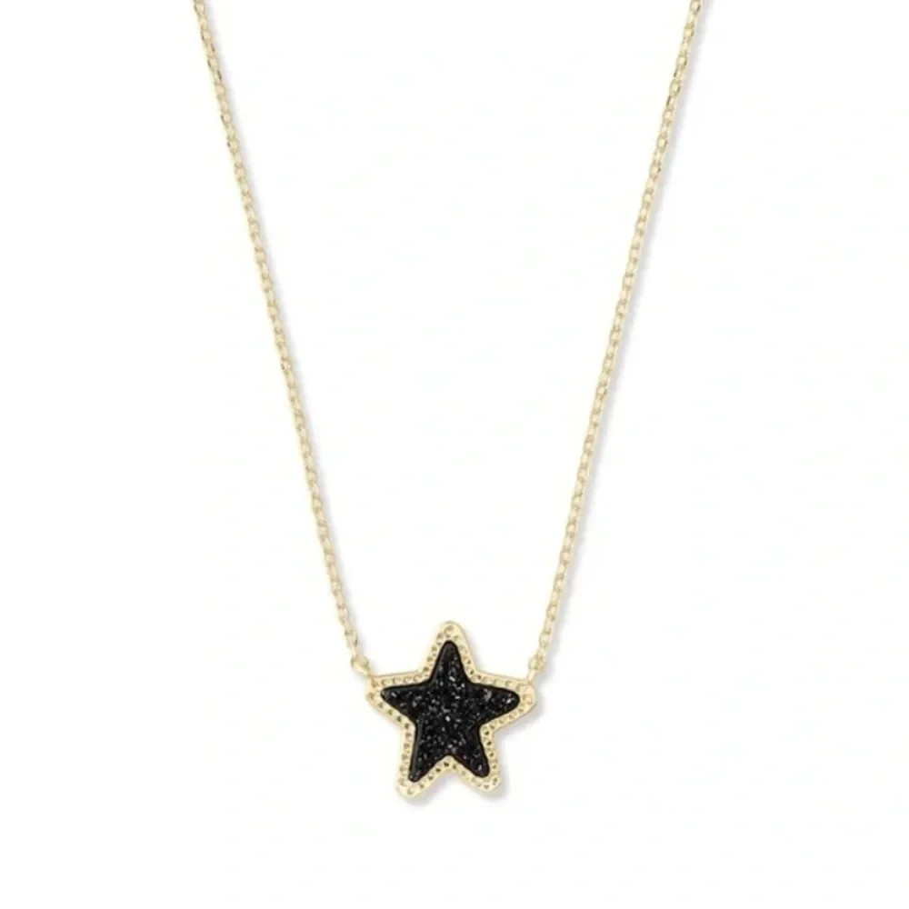 Kendra Scott Jae Star Black Drusy Necklace Gold Plated
