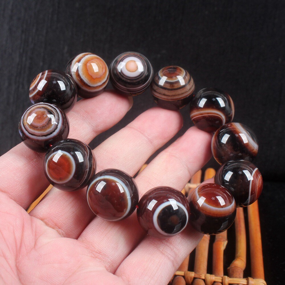 20mm Rare China Natural Agate Onyx Carved Buddha Beads Bracelet Bangle Wristlet