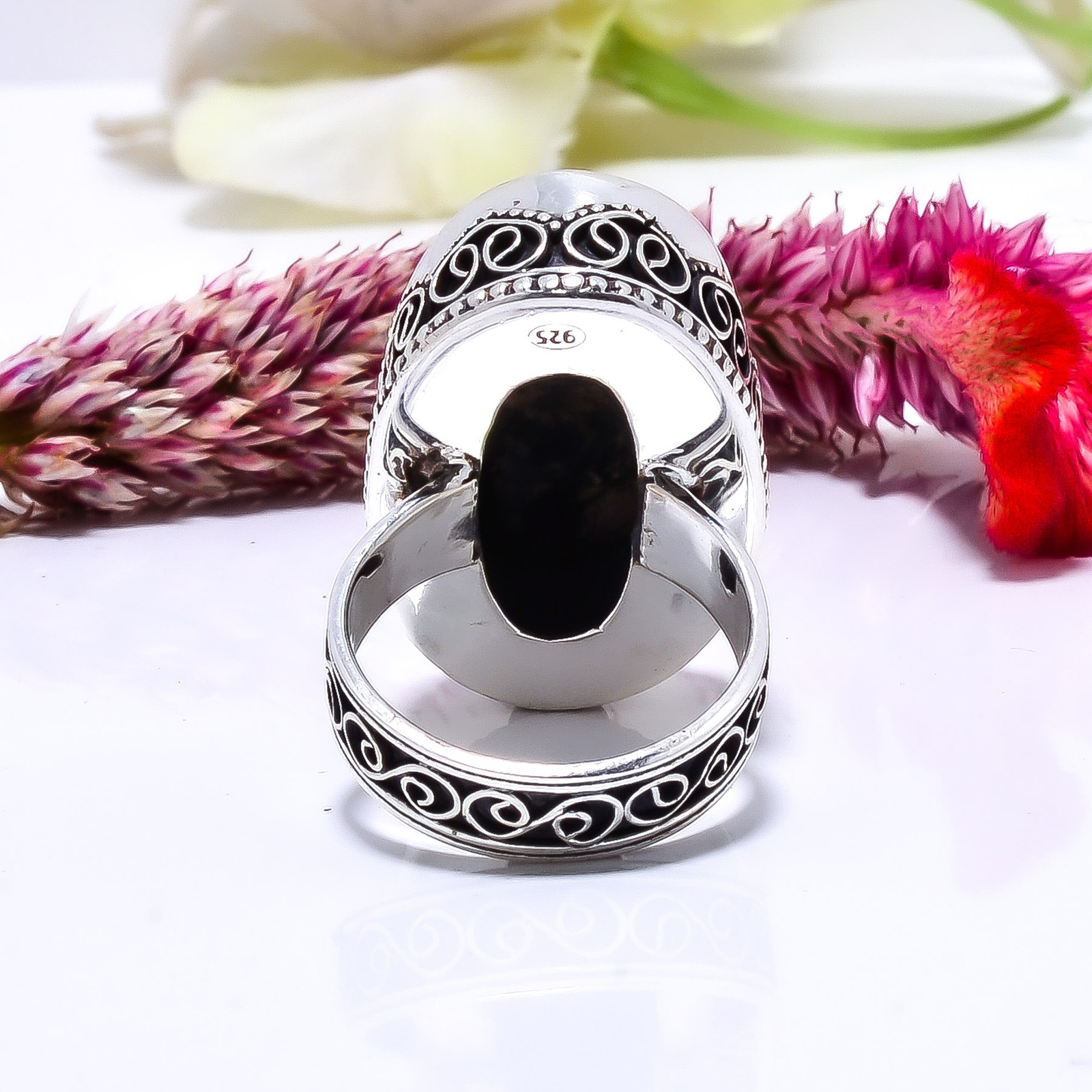 Black Manganese In Rhodonite – Colorado Oxidised 925 Sterling Silver Ring S.8 R0