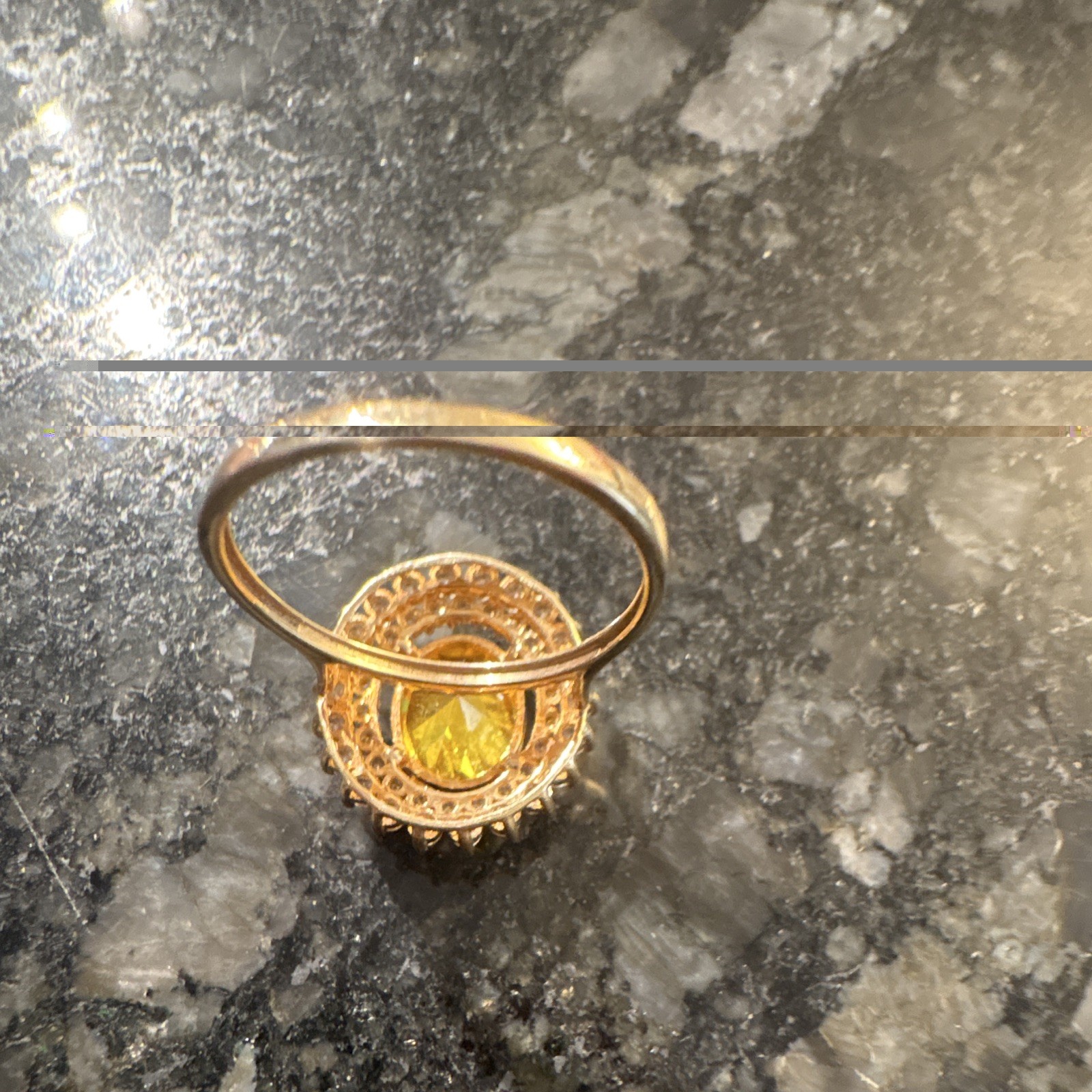 Gold Tone Oval Yellow Stone Halo Cocktail Ring w/ Rhinestones Prong Set
