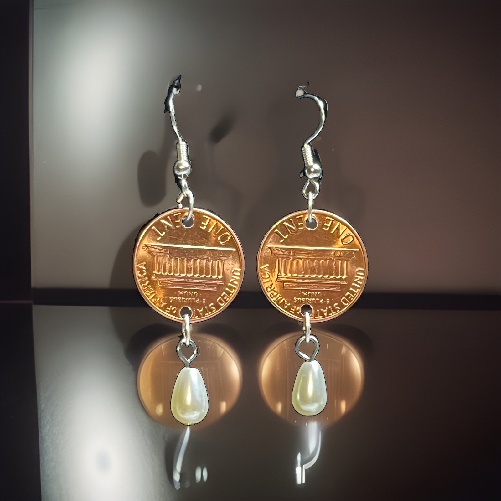 2-1984 Lincoln Penny Coin Nickel-Free & White Teardrop Pearl Hook Earrings