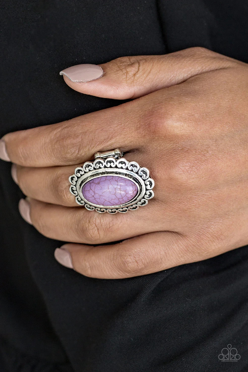 Paparazzi ~ Madly Nomad Purple Stone Silver Floral Frame Ring** Pattern Varies