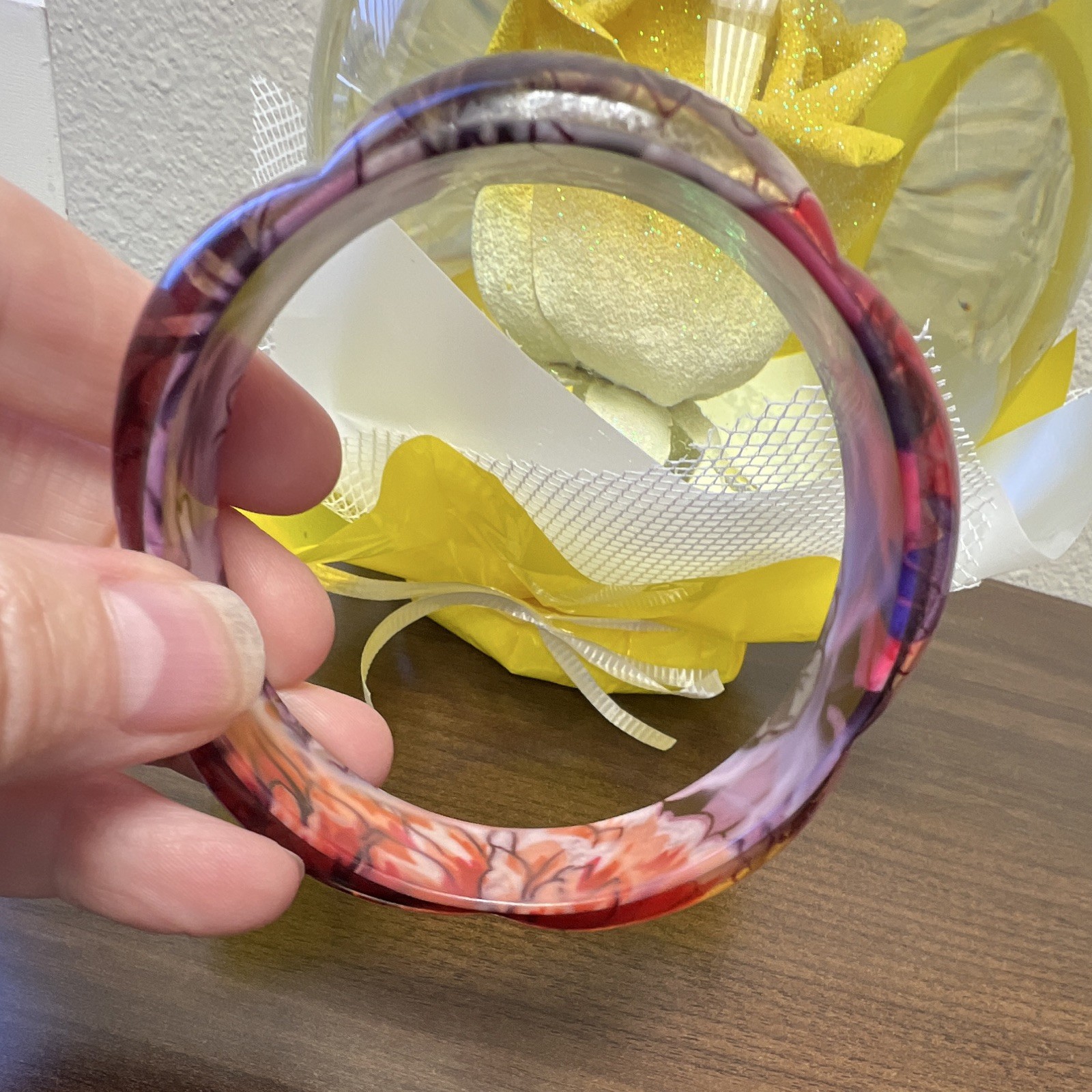 2 Vintage Multicolor Floral Lucite Scalloped Bangle Bracelets Pink Purple Red