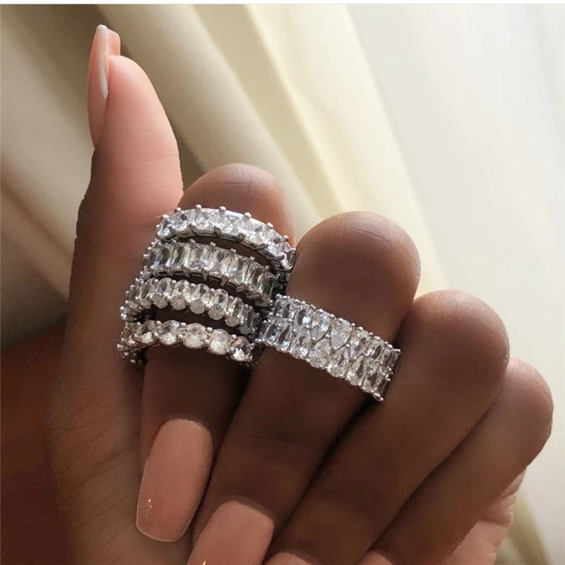 925 Sterling Silver Eternity Band Women Zircon Prong Setting Engagement Jewelry