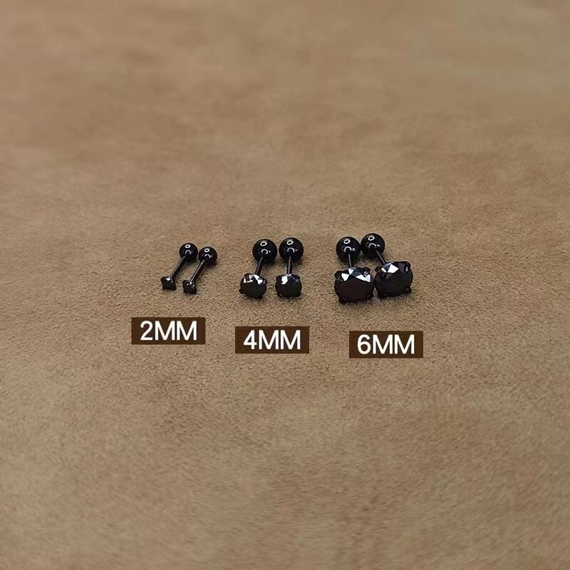 Womens Round Black CZ Crystal Screw Back Earrings Surgical Steel Ear Stud 2Pcs