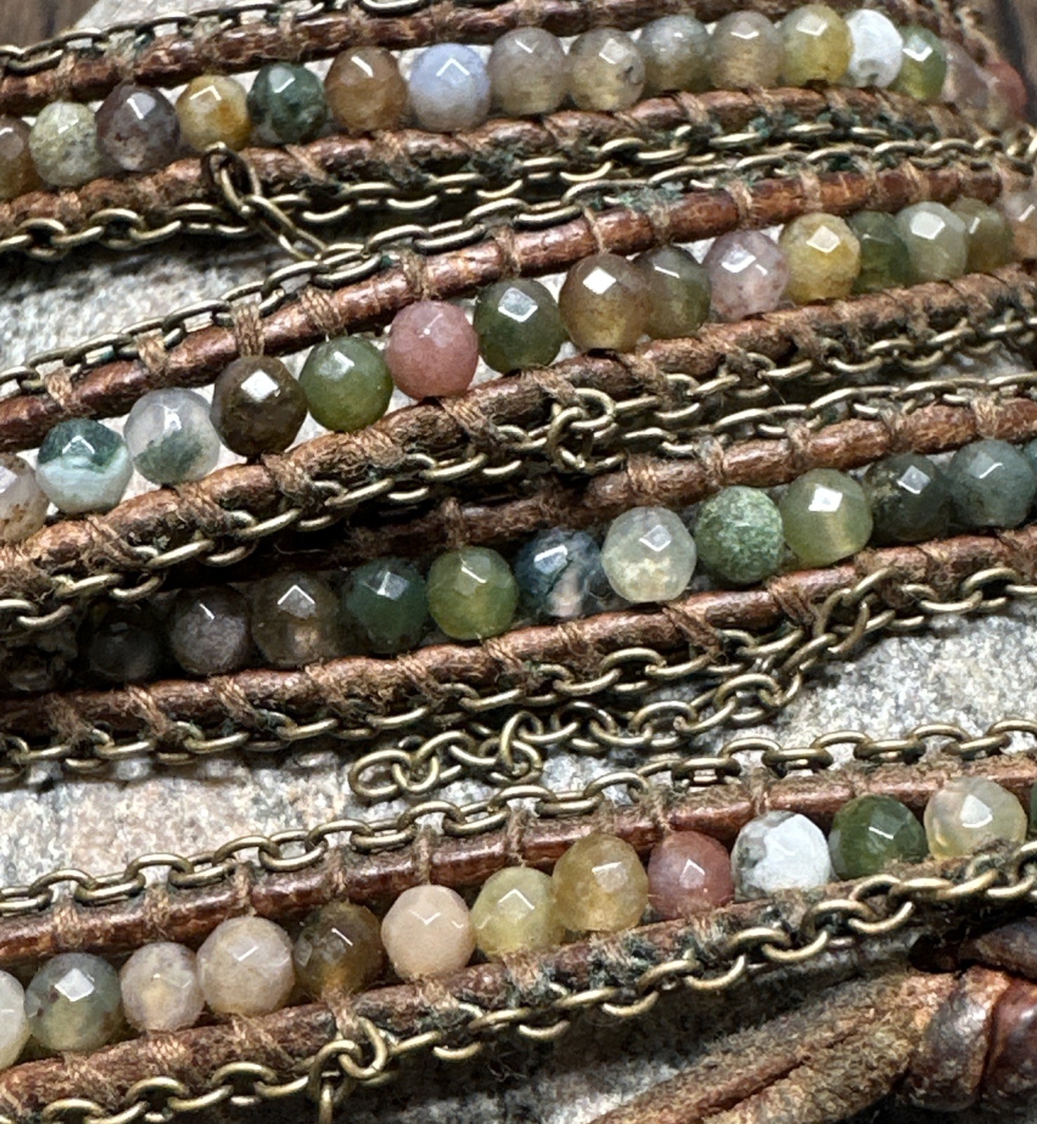 **CHAN LUU** 33” 5x Semi-Precious Stone Leather Cord Wrap-Around Bracelet