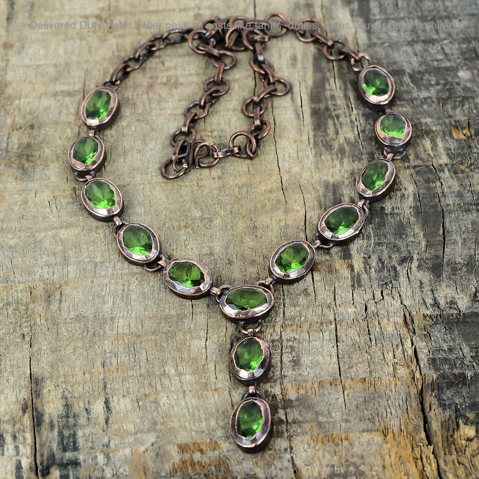 Copper Green Amethyst Gemstone Engagement Electroformed Bezel Chain New Necklace