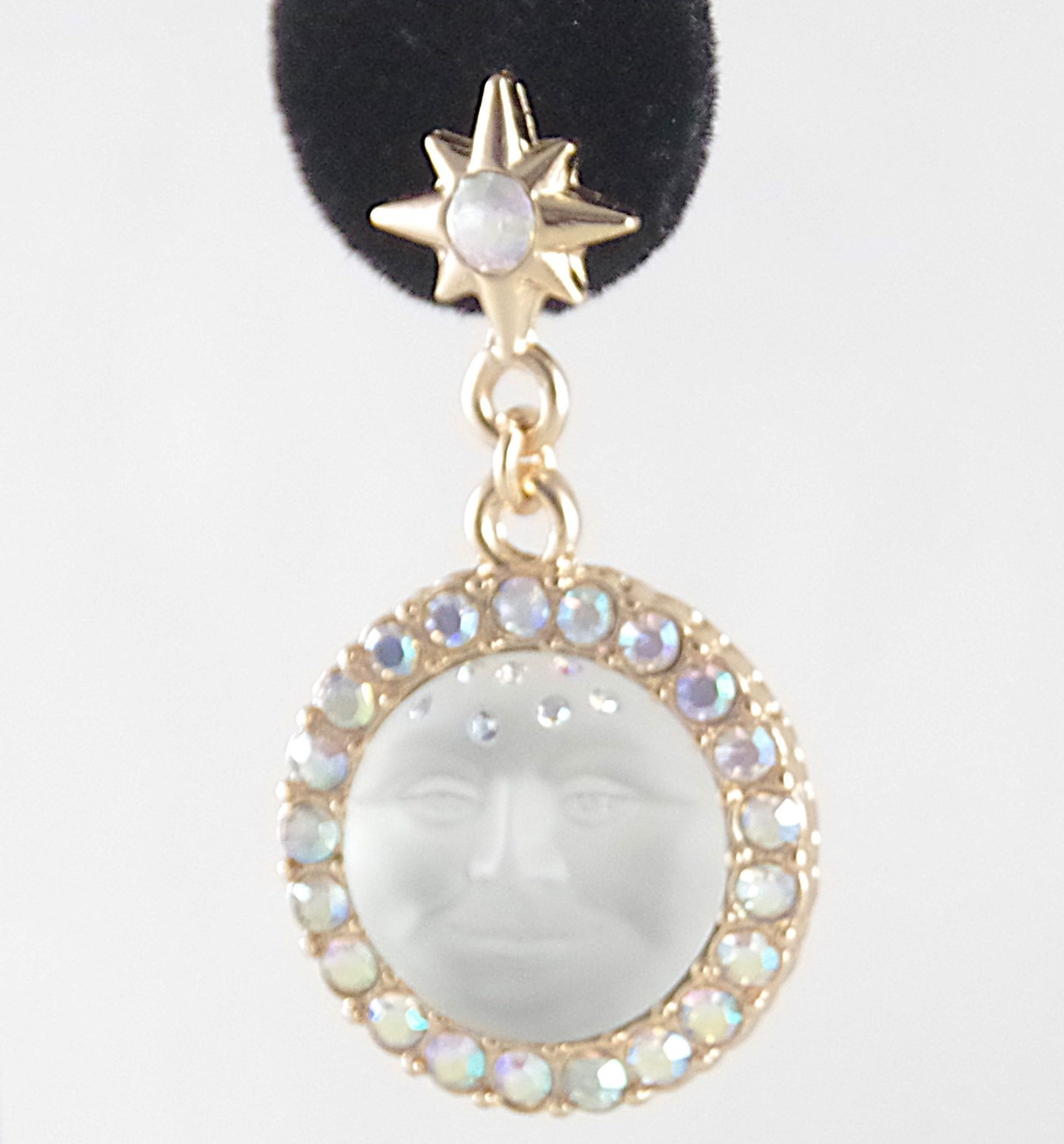 2″ KIRKS FOLLY WHITE SEAVIEW MOON FACE CRYSTAL RHINESTONE DROP DANGLE EARRINGS