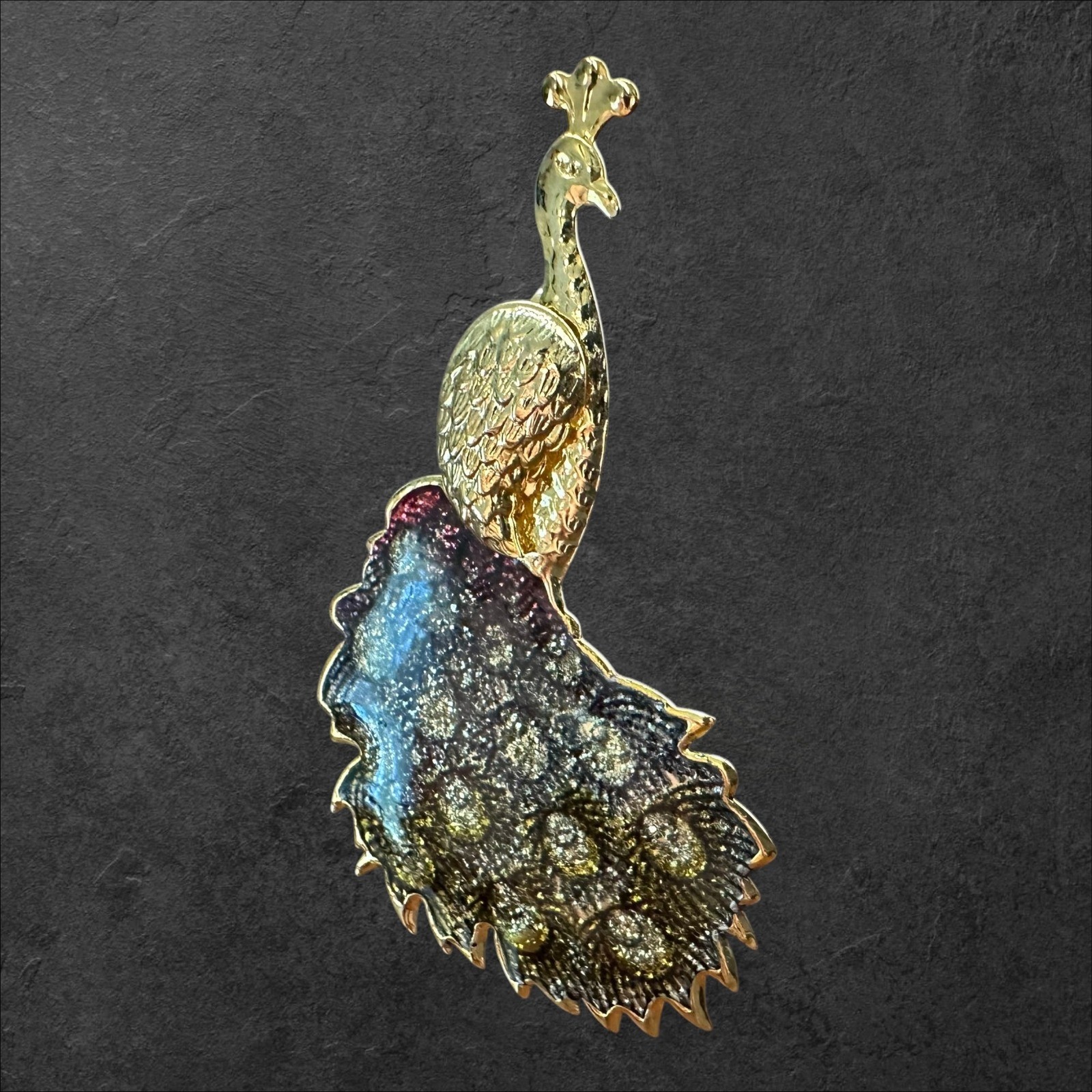 Unmarked Peacock Brooch Gold Tone Purple Blue Enamel Glitter Pin