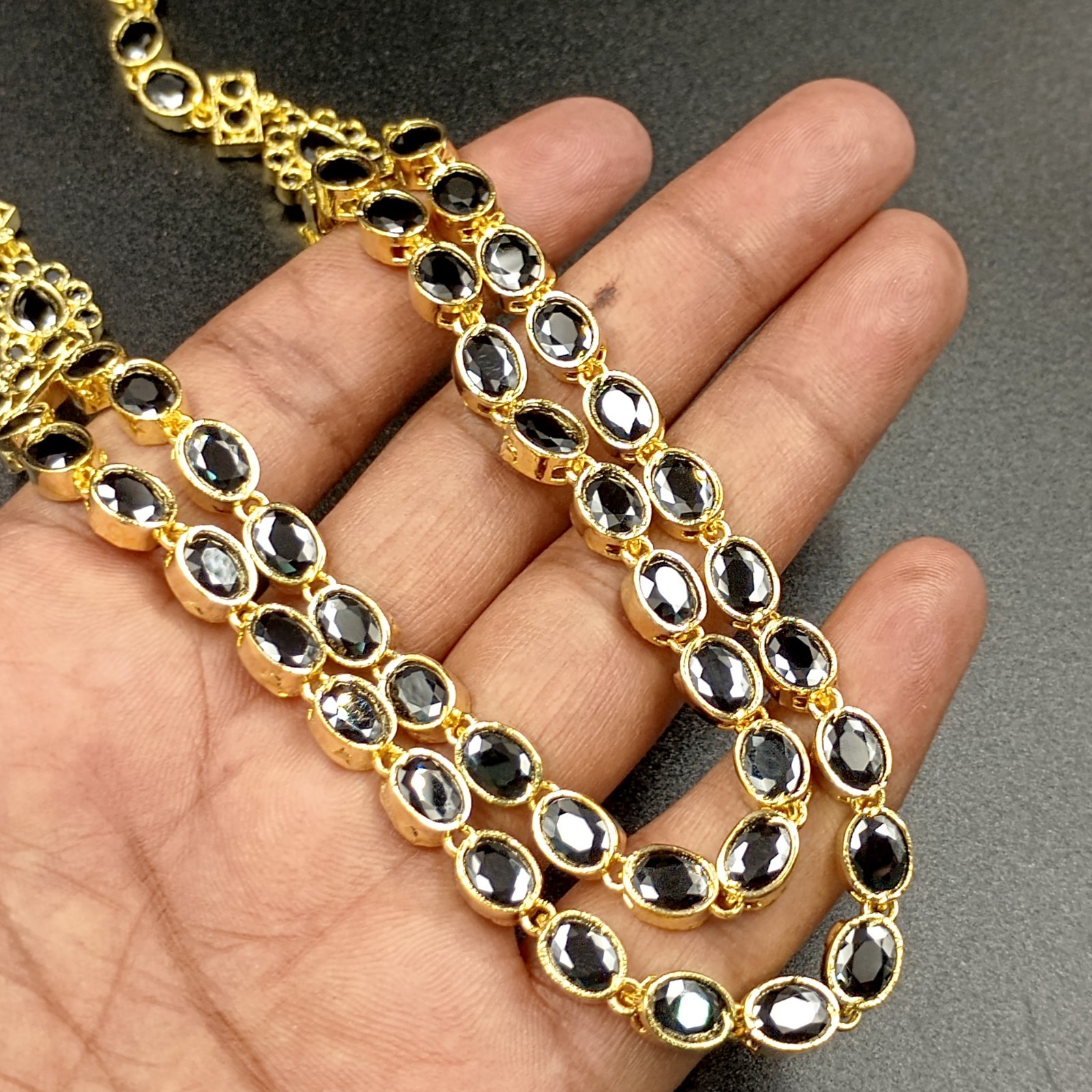 Boho 2 Layer Black Onyx Bead Necklace Set 22K Yellow Gold Plated Oval Stone Set