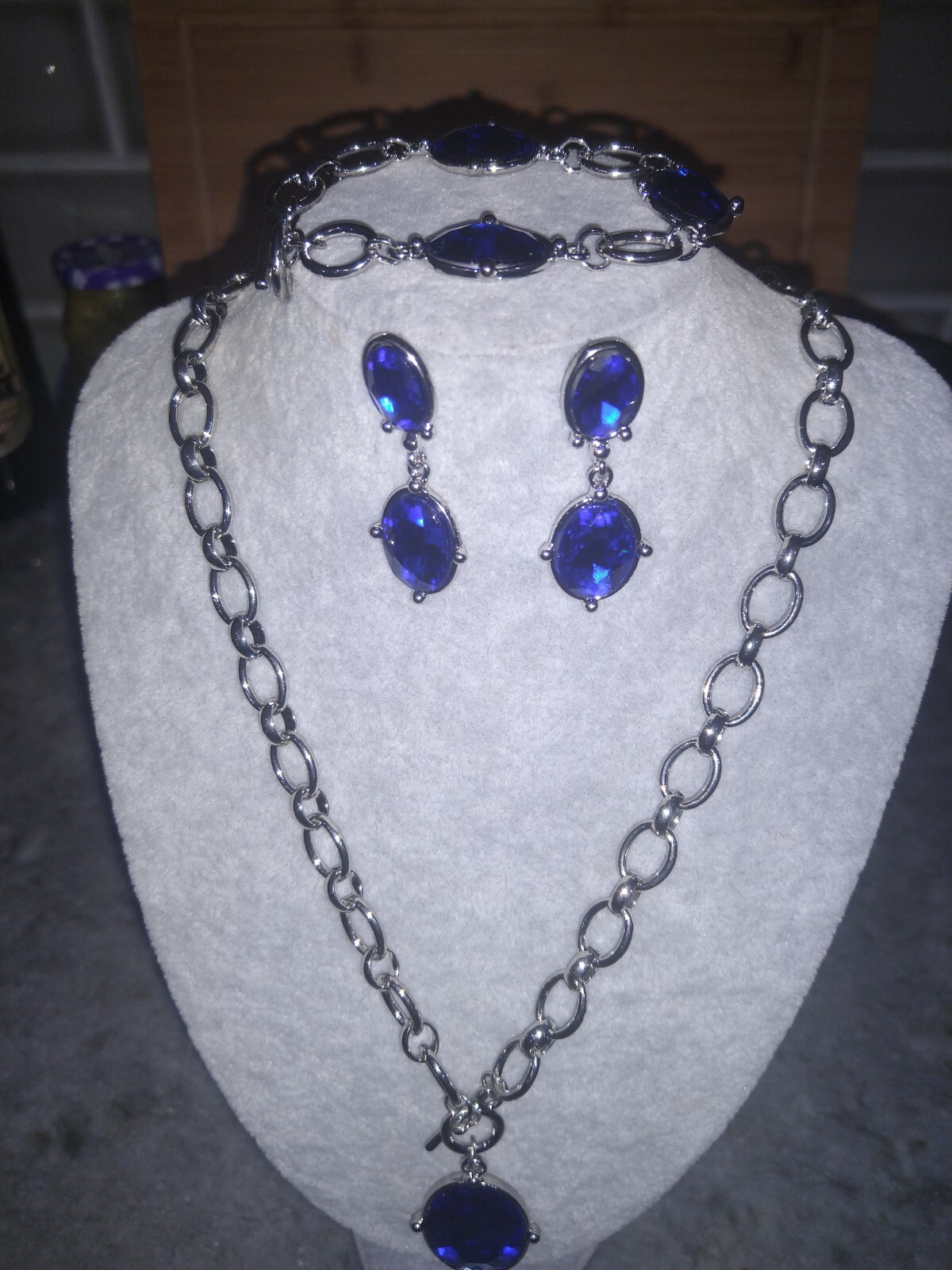 Set of 3 Sim. Blue SapphireLinkedChainNcklce,20.5 ,Brclet,Earrings,Silvrtone