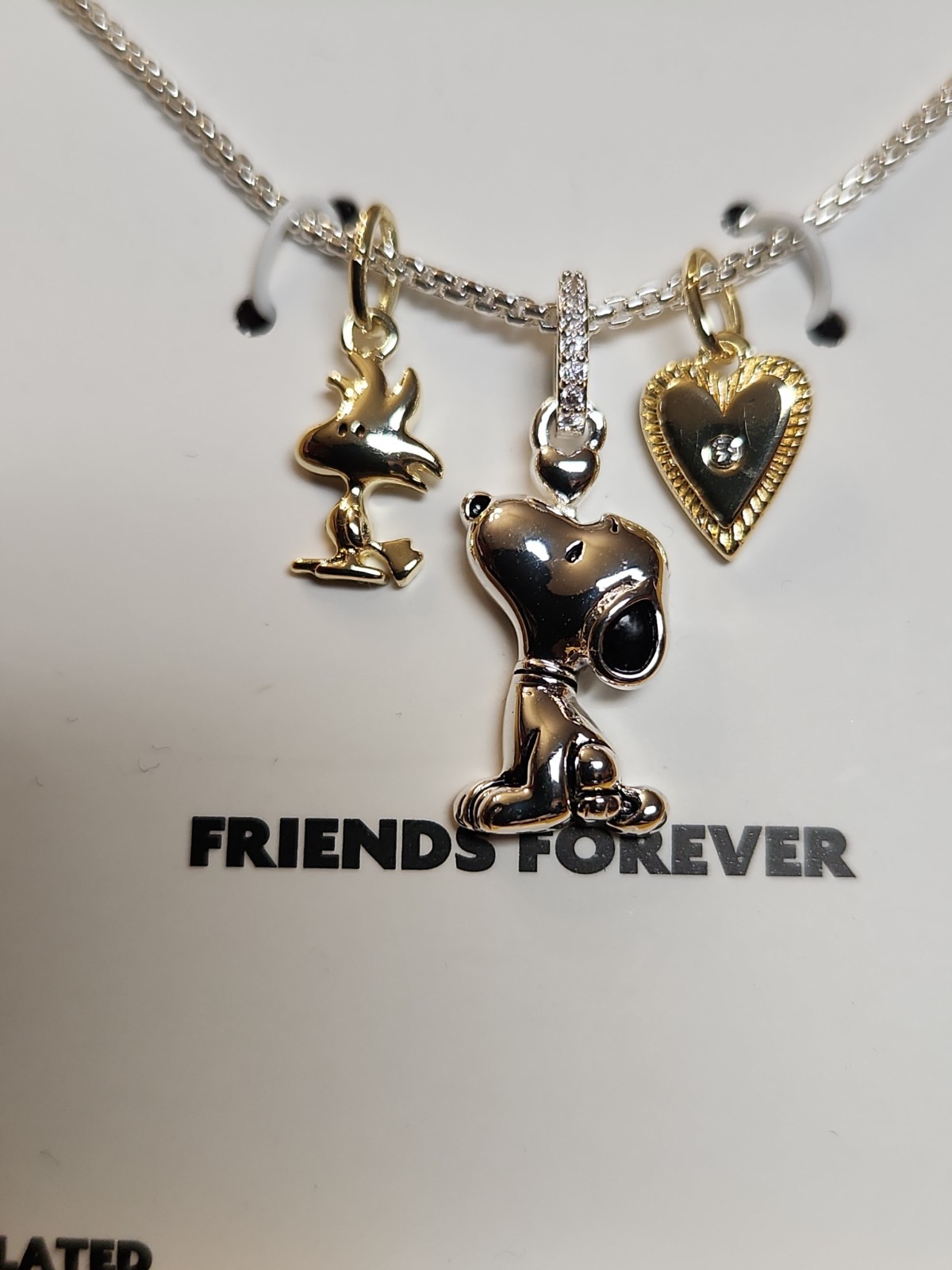 Peanuts Snoopy Woodstock W/ Heart 18in Necklace Fine Silver Pl. W/ Gold