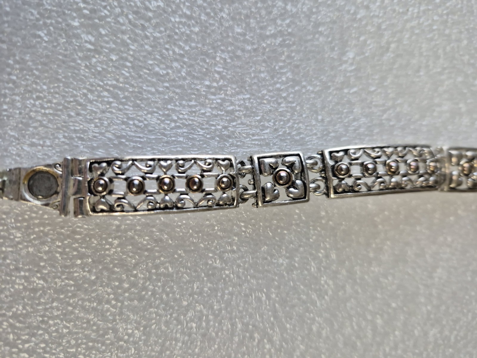 Silver Tone Filigree Magnetic Closure Bracelet Vintage Ornate Metal Jewelry